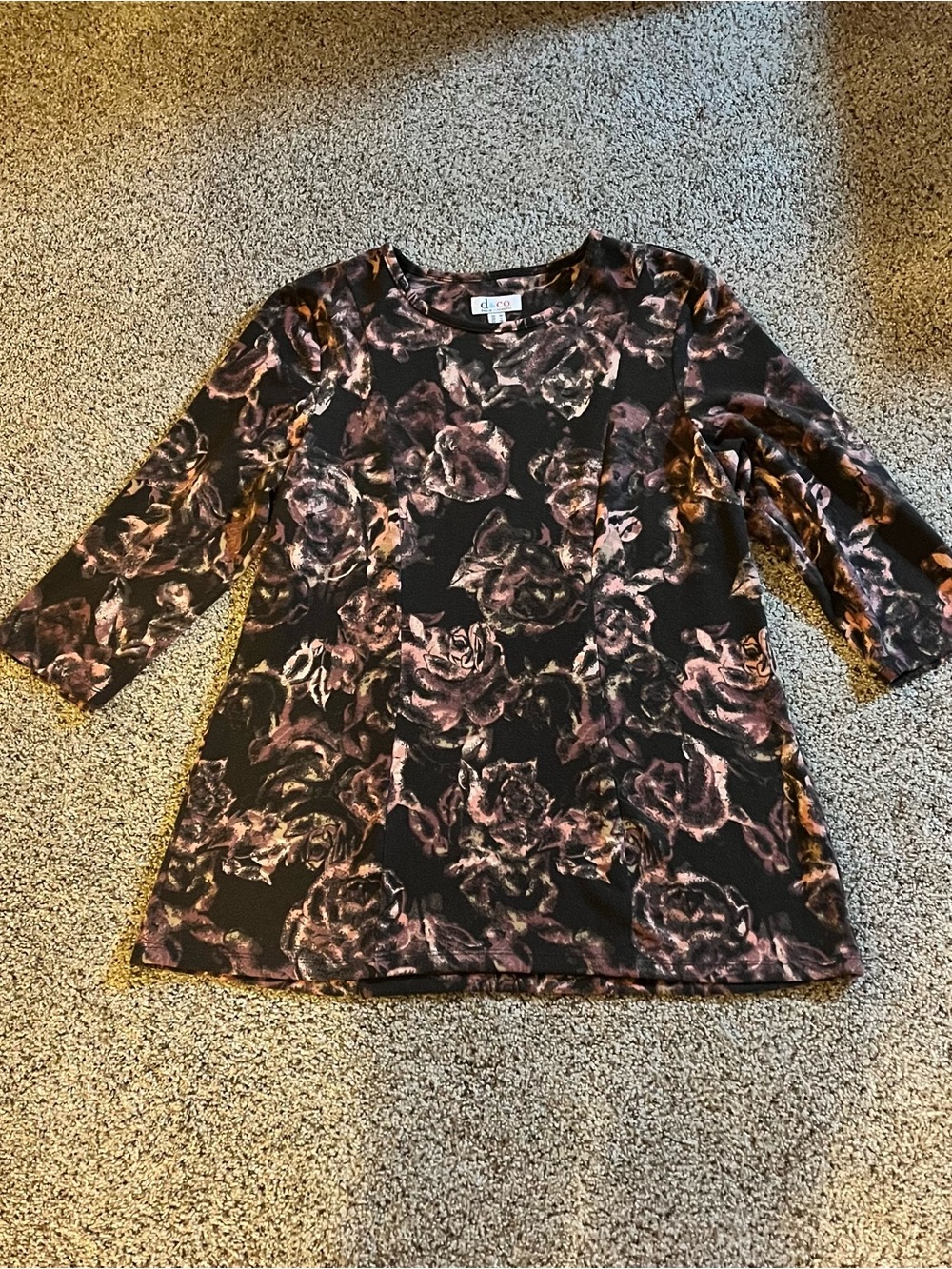 Denim & Co Black Floral 3/4 Sleeve Women's Top